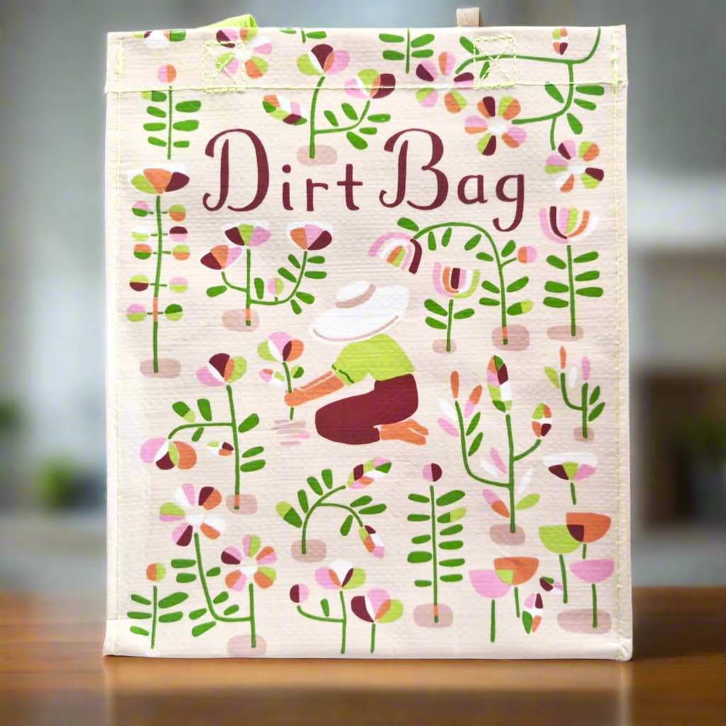 This dirt bag Lunch Bag is a quirky lunch bag for gardners and has a picture of a gardner surrounded by multiple colourful flowers.