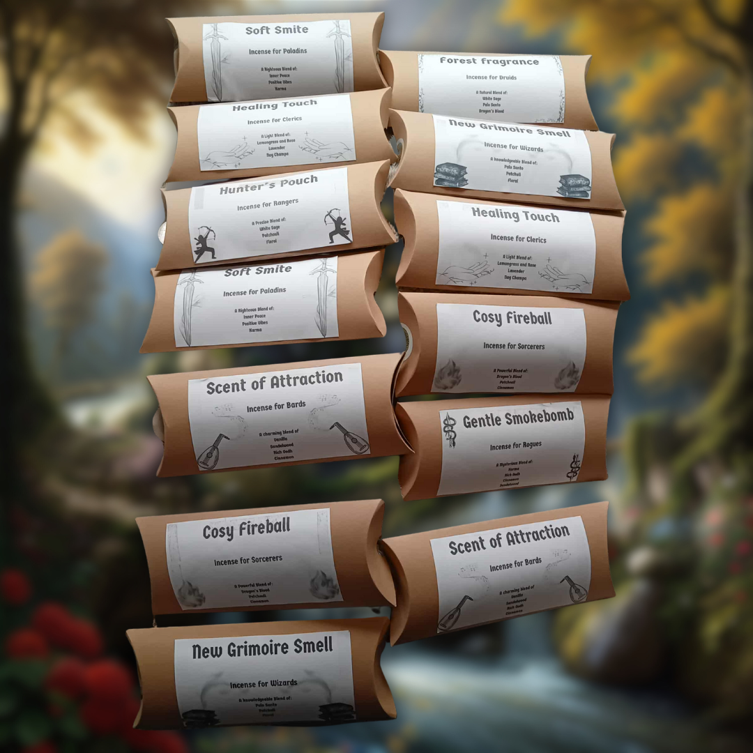 Row of scented product packages with labels on a blurred natural background