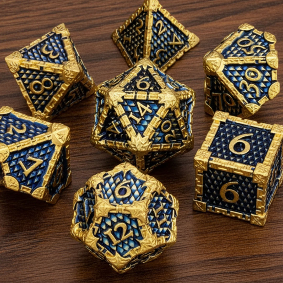 Set of gold and blue metal dragon scale design polyhedral dice on a dark oak table