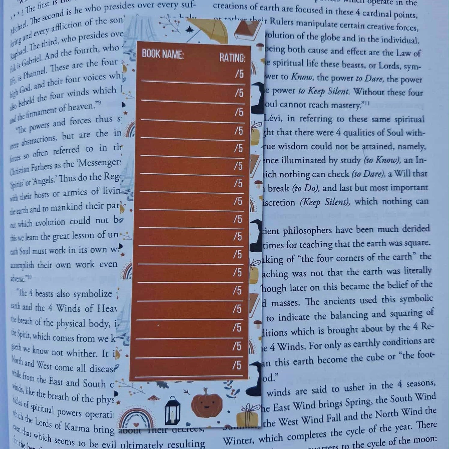 Rating scale on a book page with text