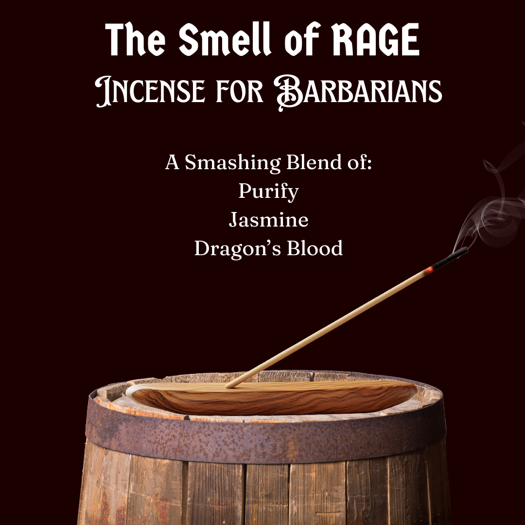 An Incense Holder burning The Smell of Rage incense for barbarians on a barrel.