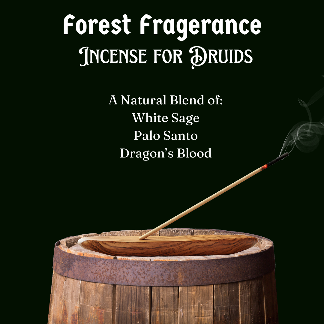 Incense stick on a wooden barrel with 'Forest Fragerance' text on a black background
