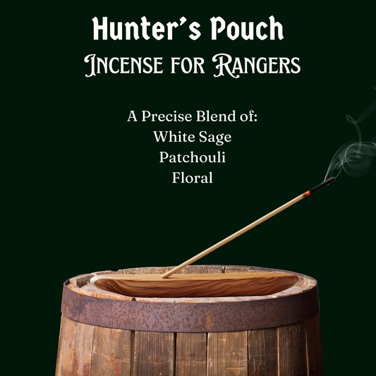 Incense stick on a wooden barrel with 'Hunter's Pouch Incense for Rangers' text on a green background