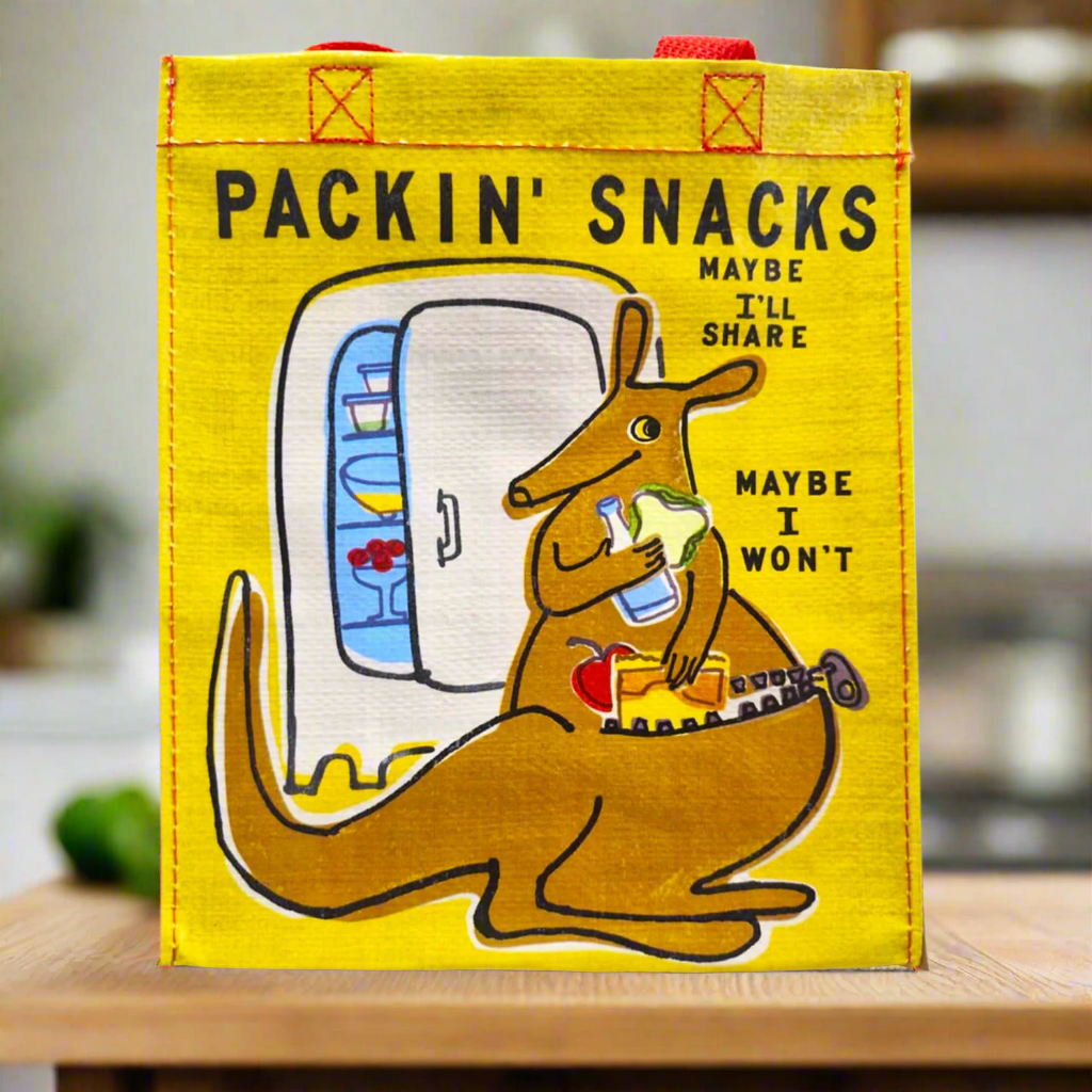 This our quirky Kangaroo Packin Snacks Lunchbag which is a yellow lunch bag with the words packin snacks and a kangaroo saying Maybe I'll share, Maybe I won't.