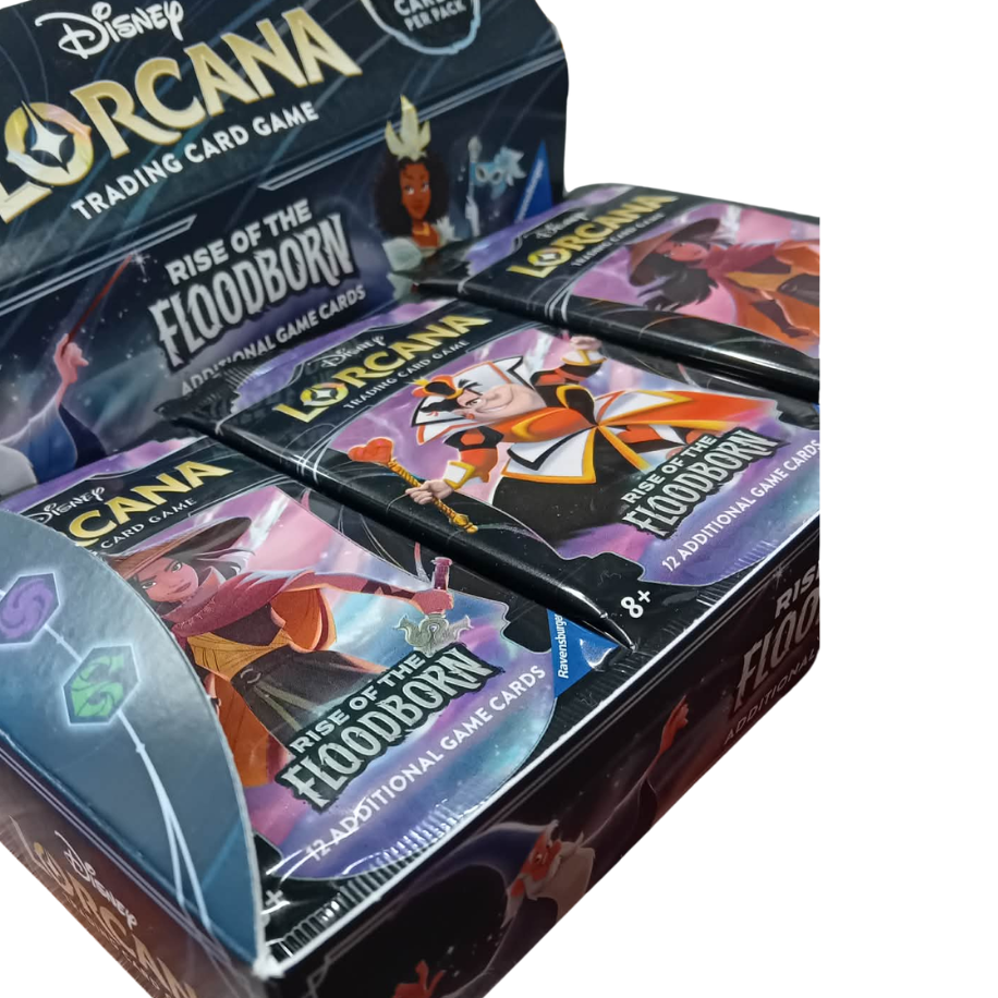 Display box of Disney Lorcana trading card game packs on a white background