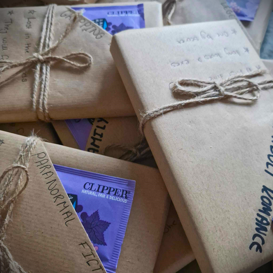 Blind Date with a book wrapped in brown paper with string ties, featuring visible text on a blurred background.