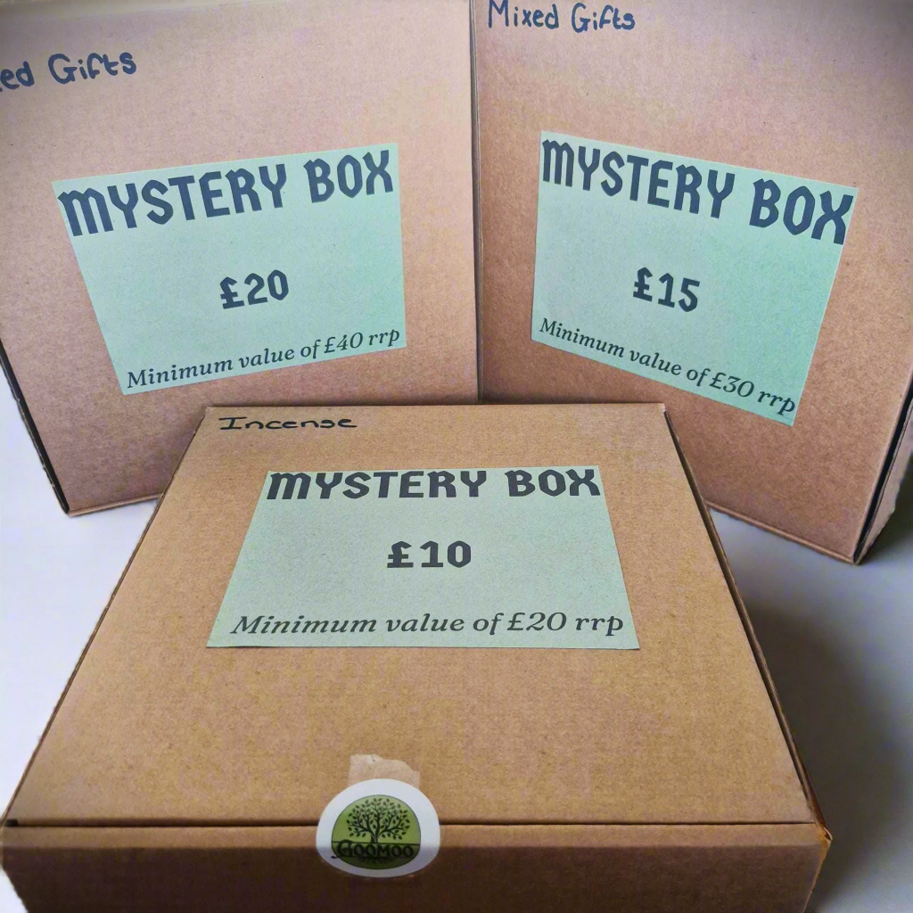 Image of the 3 mystery boxes we offer. One states £10 mystery box with the lael incense, the other 2 are £15 and £20 mystery boxes with the label Mixed Gifts.