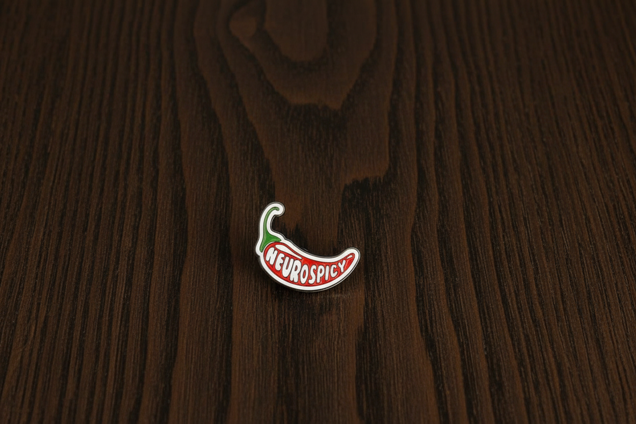 Enamel pin of a chili pepper with 'NEUROSPICY' text on a dark oak table