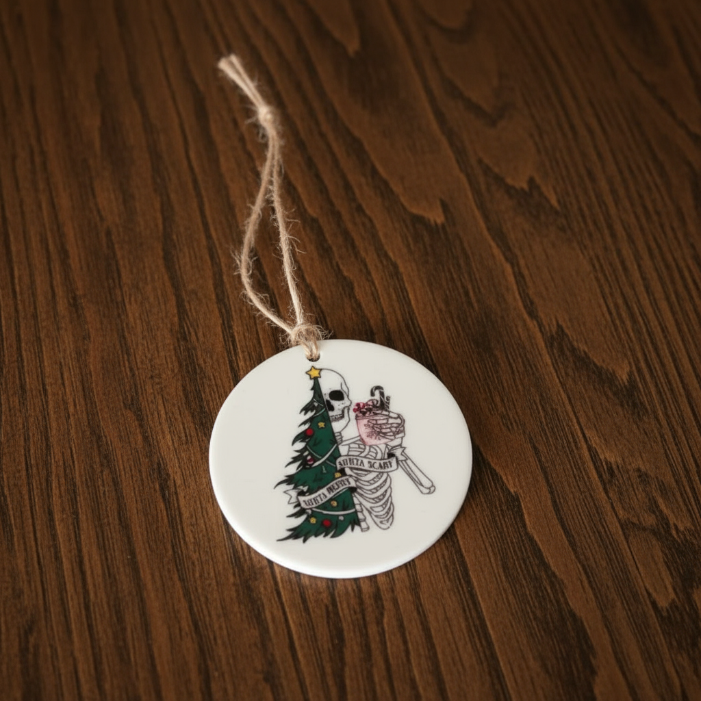 A Hanging Christmas Decoration that says Sorta Merry, Sorta Scary on it.