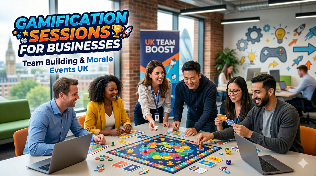 A group of people playing a board completing a team building gam