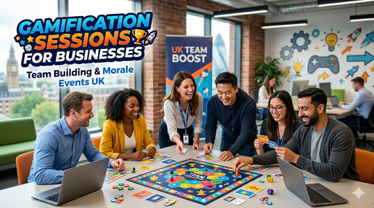 A group of people playing a board completing a team building gam