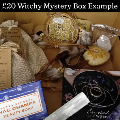 Witchy Mystery Box with various items including a Satya Salbaba Nag Champa beauty soap and a Crystal Witch product.