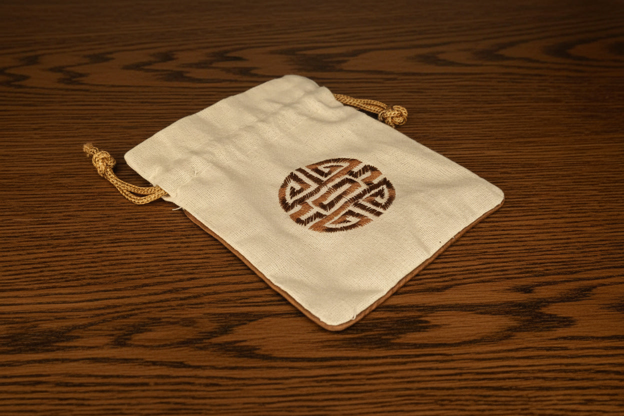 Beige Dungeons and Dragons drawstring pouch with intricate design on a dark oak table