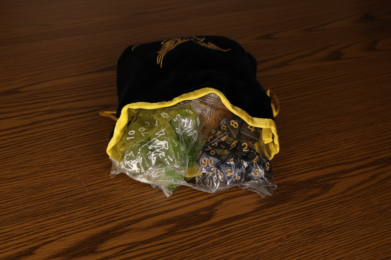 Set of 10 polyhedral dice with green and black colors in a yellow bag.