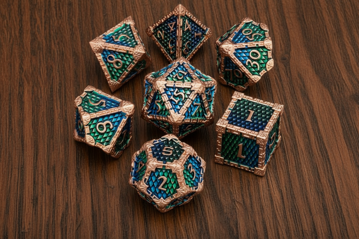 Set of ornate polyhedral dragon scale design dice with green and bronze colors on a dark oak table