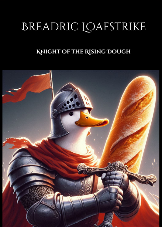 Picture of Breadric Loafstrike. He is a duck palading wielding a bread sword. This Fantasy AI generated art is completed with the title of Breadric Loafstrike with the tag line Knight of the Rising Dough.