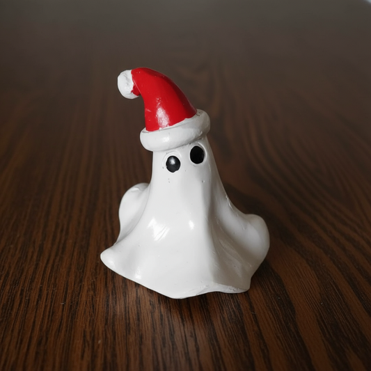 A close up of a ghost with a Santa hat on. Christmas decoration on a wooden table