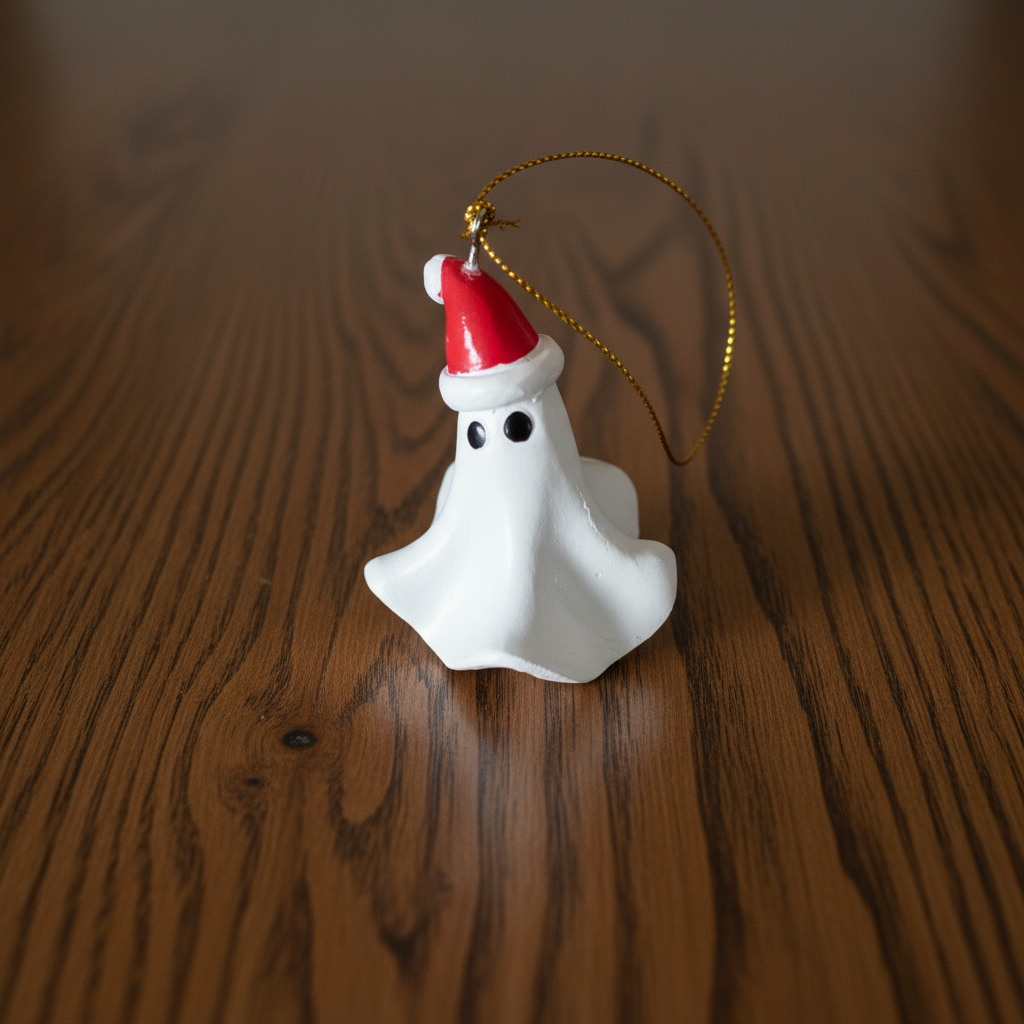 A ghost with a Santa hat on. Christmas decoration on a wooden table