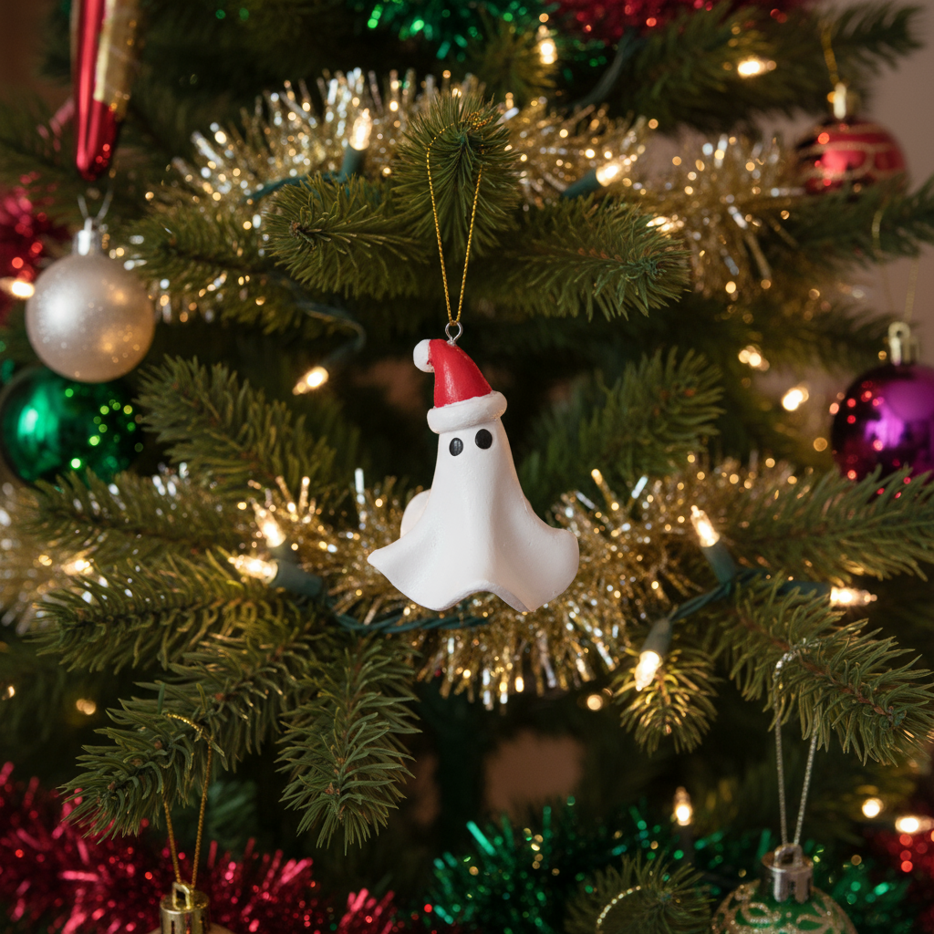 A ghost with a Santa hat on hanging on a christmas tree. Christmas decoration on a wooden table