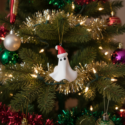 A ghost with a Santa hat on hanging on a christmas tree. Christmas decoration on a wooden table