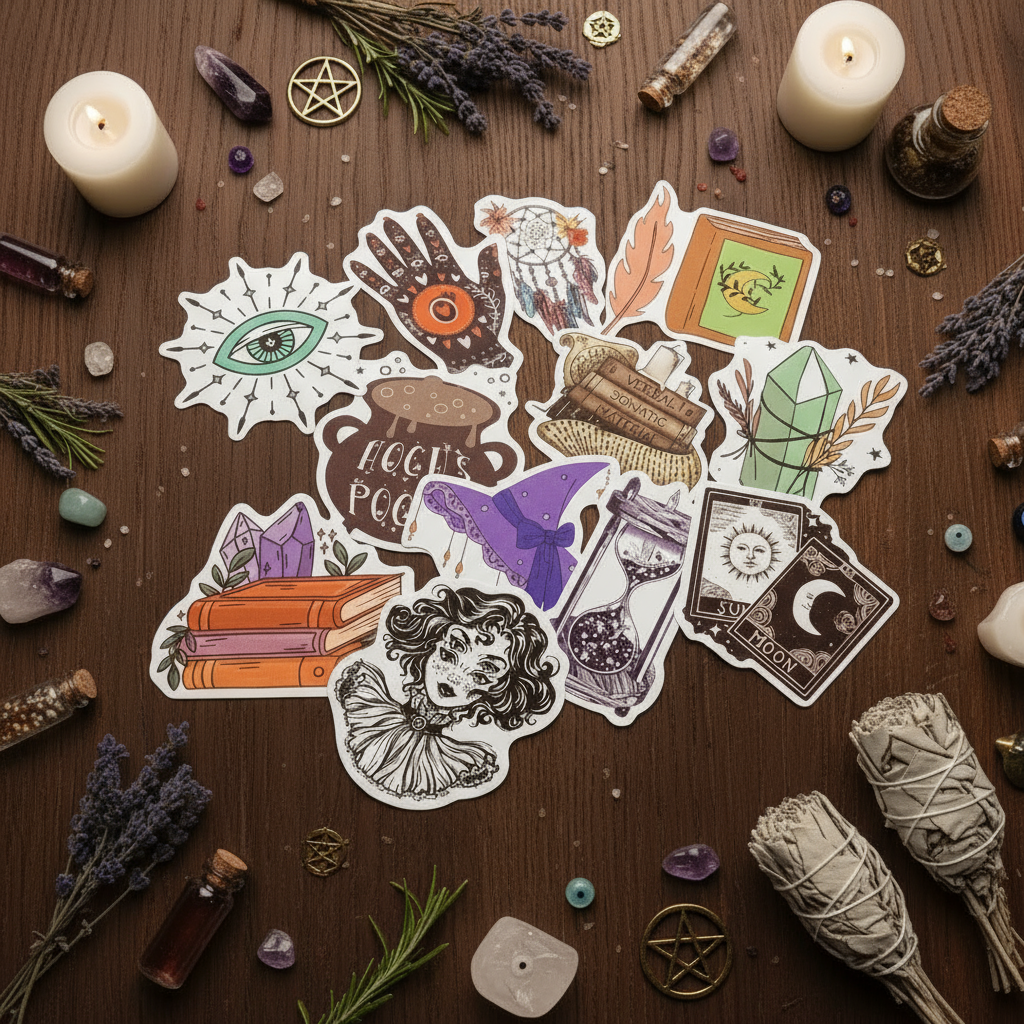 Collection of vintage-style stickers on a wooden table with witchy things surrounding it.