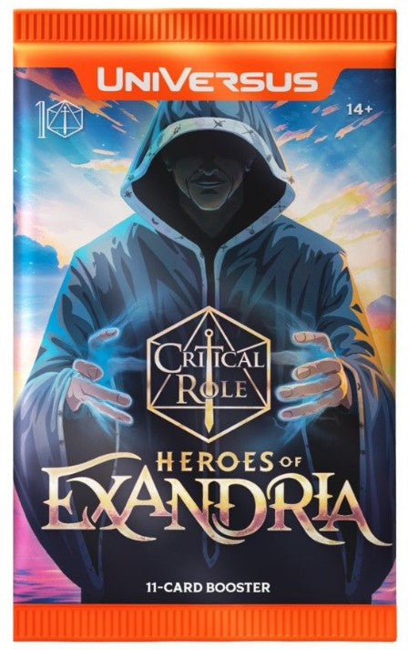 Card game booster pack for 'Heroes of Exandria' with a character in a hooded outfit and 'Universus' branding.