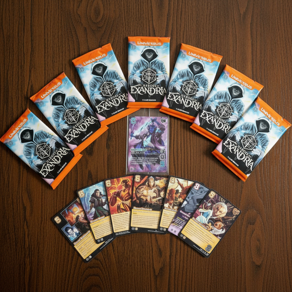 Collection of 'Exandria' trading cards and packaging on a dark surface.