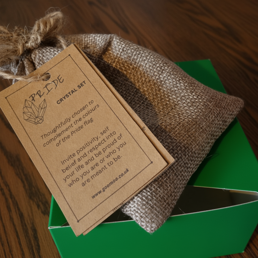 Pride crystal set packaging with a brown tag coming out of a green box which is a part of the Witchy Advent Calendar