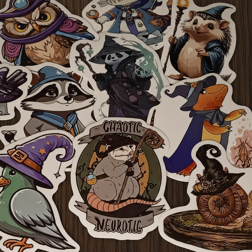 Collection of illustrated stickers featuring animals in wizard costumes on a dark oak table