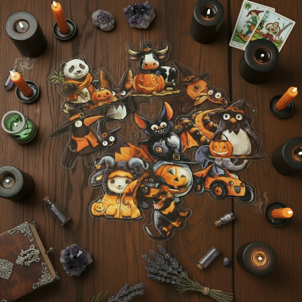 Cute Spooky, halloweeny themed animal stickers on an oak table surrounded by Witchy and spooky items. 