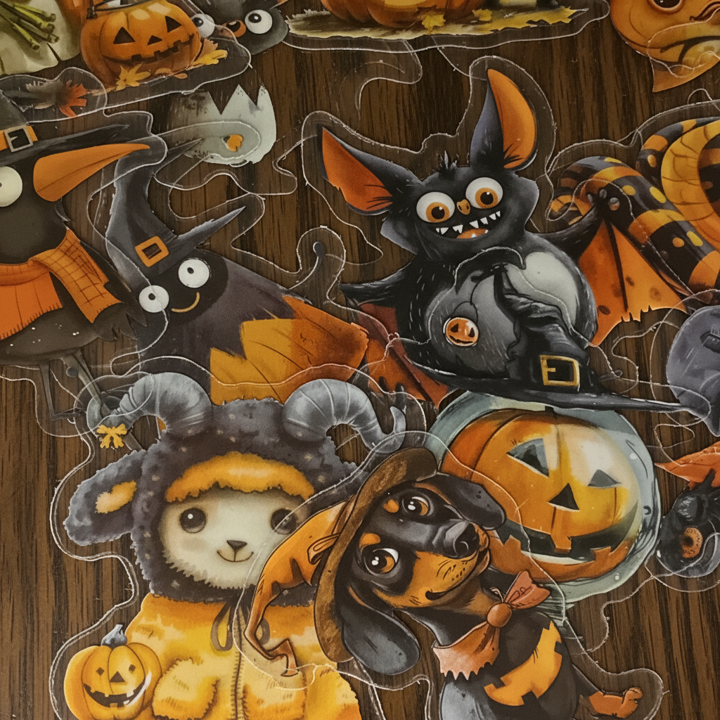 Halloween-themed fabric with cartoon animals in costumes and pumpkins.