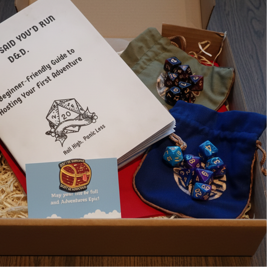 D&D starter set with book, dice, and pouch in a box