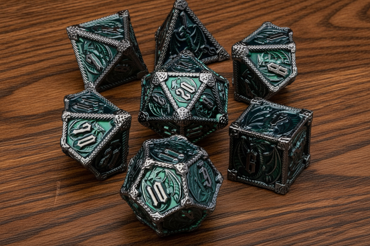 Set of ornate polyhedral dice with green and black design on a dark oak table