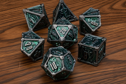Set of ornate polyhedral dice with green and black design on a dark oak table