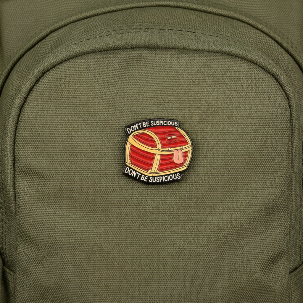 Dungeons and Dragons Mimic Pin with 'Don't Be Suspicious' text on a backpack