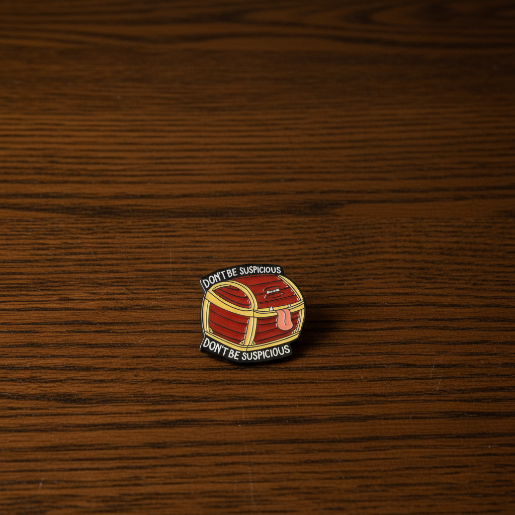 Dungeons and Dragons Mimic Pin with 'Don't Be Suspicious' text on a Dark Oak Table