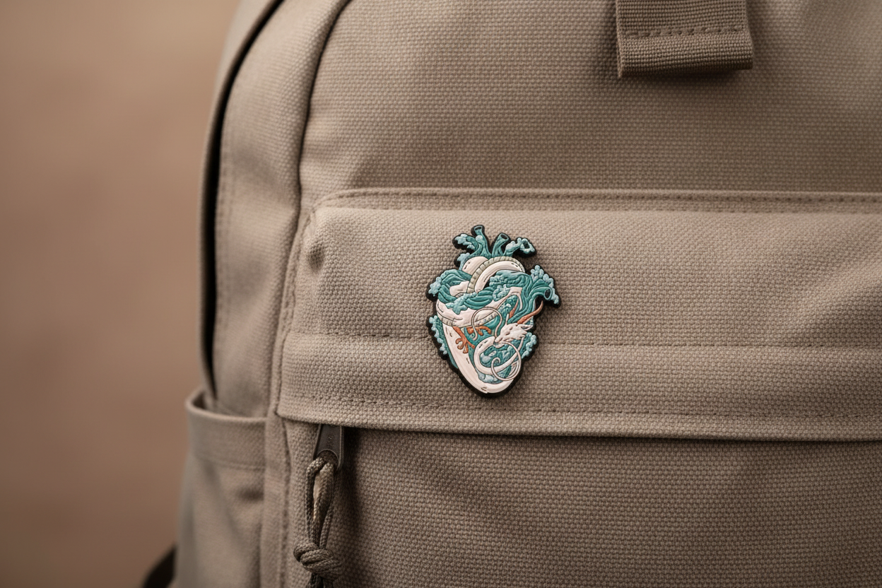 A heart shaped blue and white dragon on a backpack