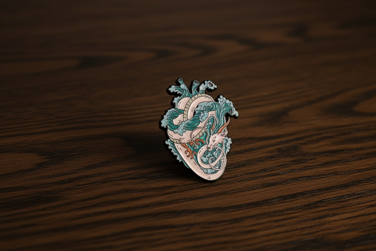 A heart shaped blue and white dragon on a dark oak table