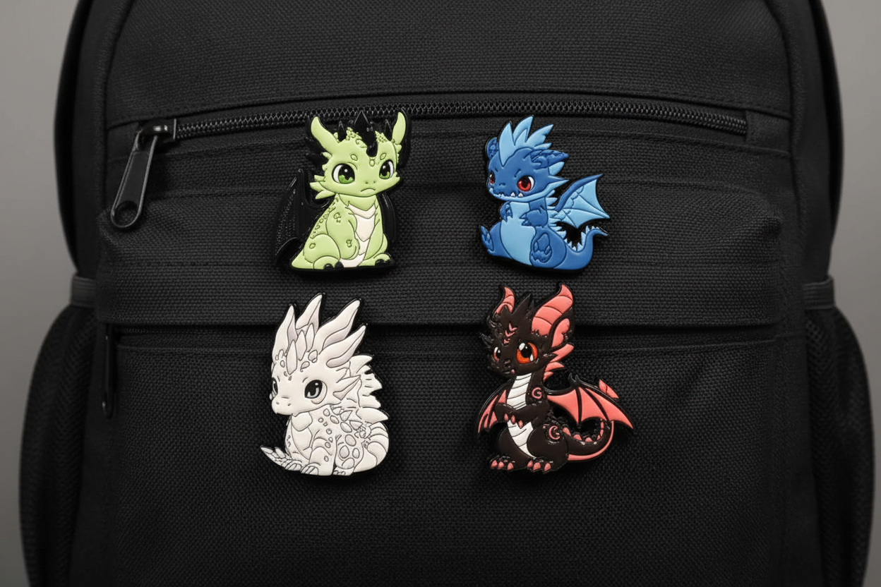 Four dragon-shaped pins on a black background