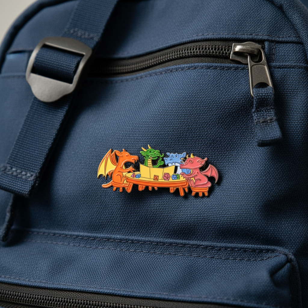 Colourful dragon pin badge where they are playing dungeons and dragons