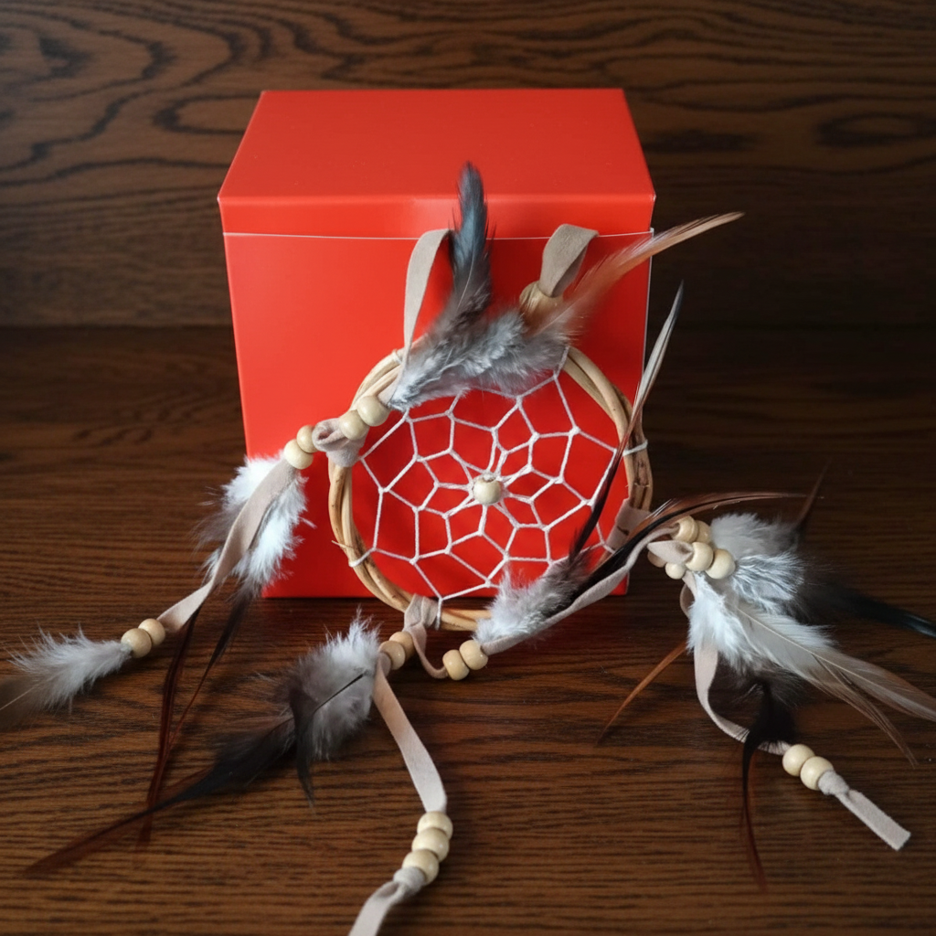 Dreamcatcher with feathers on coming out of a red box from a witchy advent calendar a Halloween-themed background