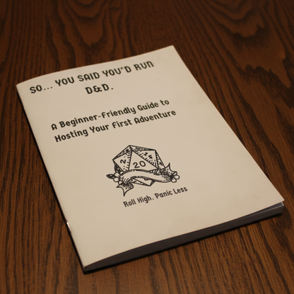 Book titled 'A Beginner-Friendly Guide to Hosting Your First Adventure' on a red surface