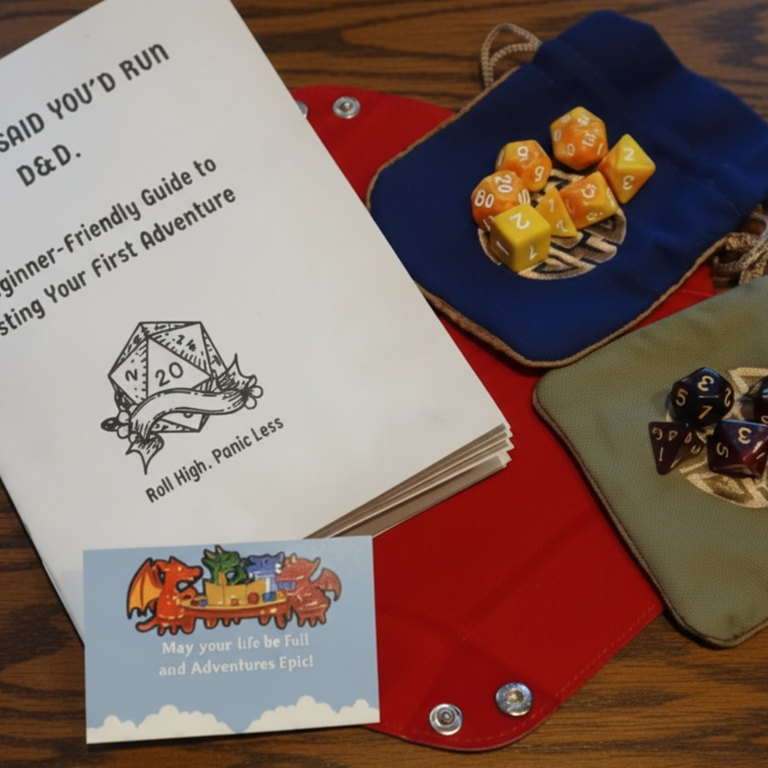 Dungeons and Dragons guidebook with dice pouches and dice on a red surface