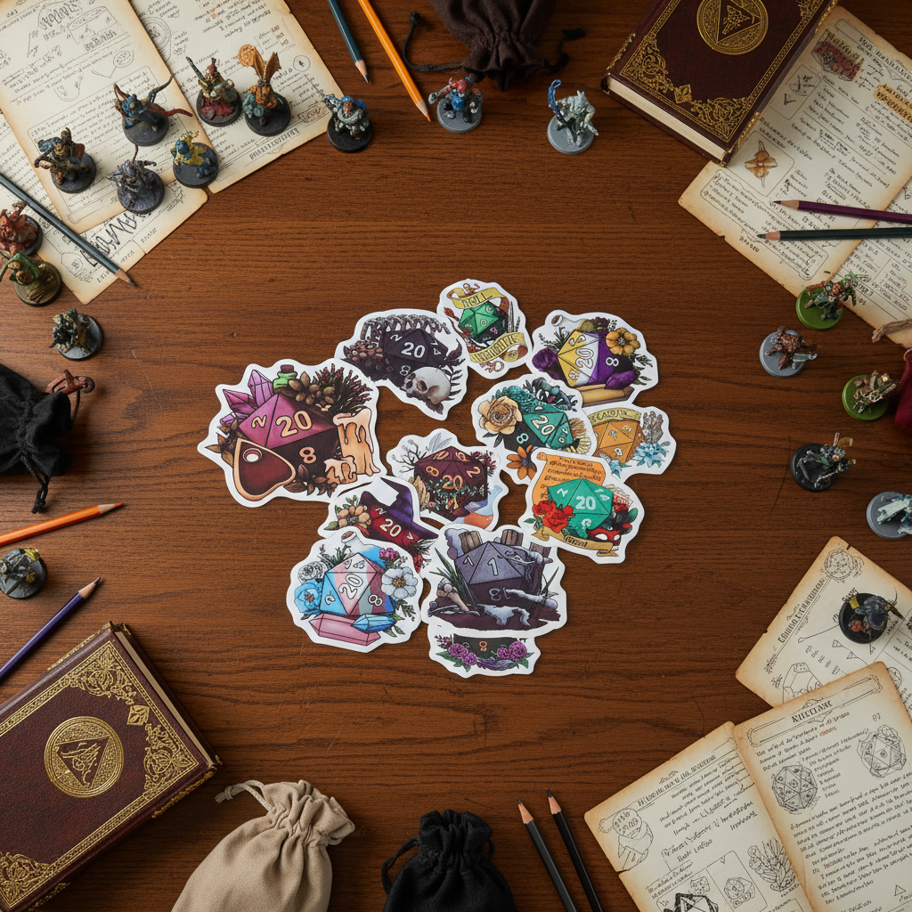 Collection of decorative Dungeons and Dragons D20 stickers