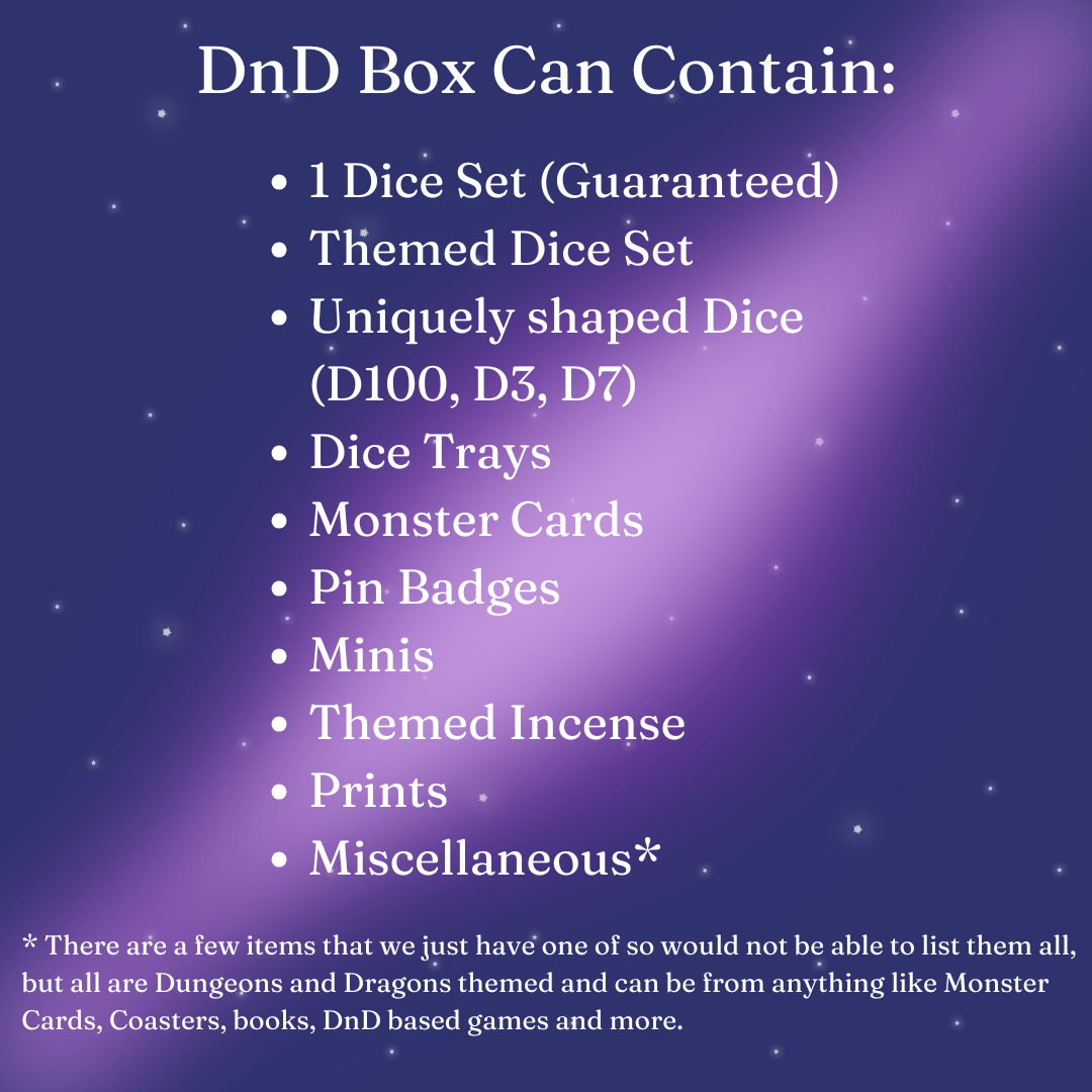 List of items that a Dungeons & Dragons (DnD) box can contain on a purple and blue gradient background.