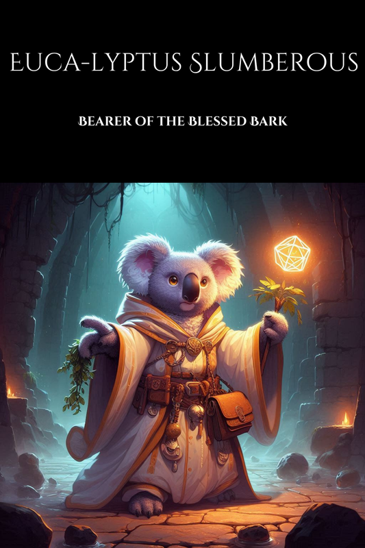 Eca-Lyptus Slumberous is a koala Cleric set in the fantasy world of dungeons and dragons. They are a healer and are holding a staff made of eucalyptus which is casting a magic spell.