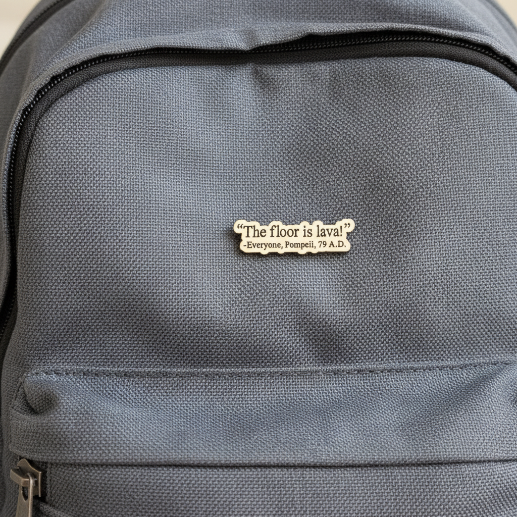 A pin that says The Floor is lava - Everyone Pompeii 79A.D. on a grey backpack. 