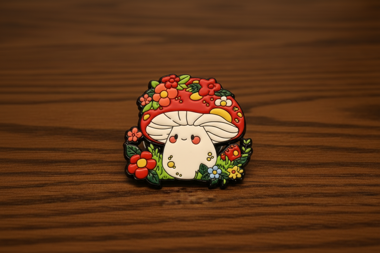 Mushroom pin surrounded by flowers on a dark oak table