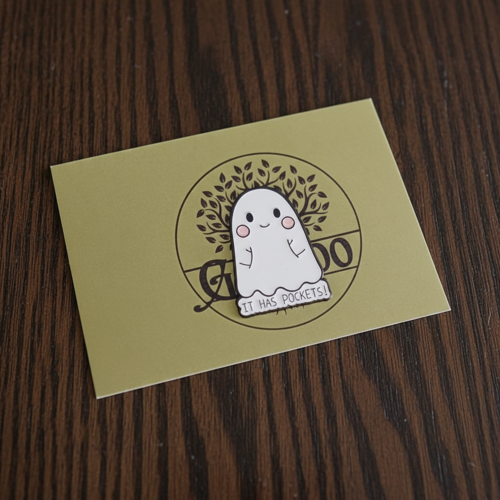 Cartoon ghost with pockets on a cardboard box with a brand logo.