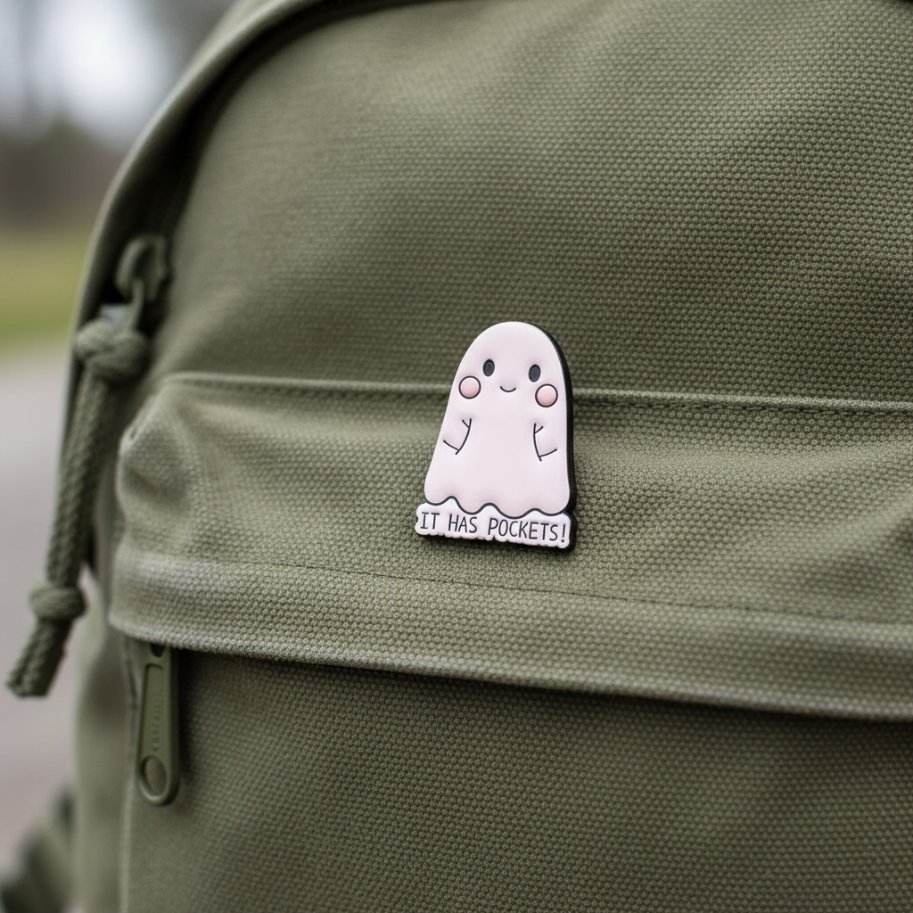 Pink ghost charm with 'It has pockets!' text on a green backpack